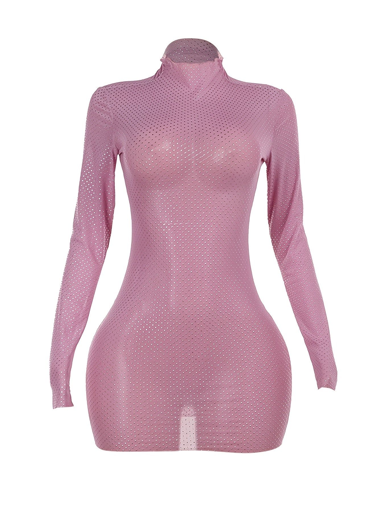 Chic JFL217 Sheer Mesh Bodycon Dress for Women - Sexy Long Sleeve, High Neck, Micro Elastic Fabric, Fashionable Slim Fit Mini Skirt with Sequin Detail - Perfect for Spring/Summer/Fall Events