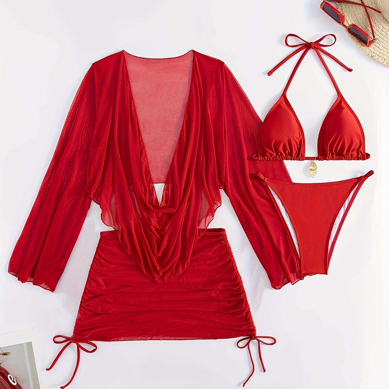 4pcs Sexy Bikini Set with Sheer Red Cover-Up, High-Waisted Drawstring Swimsuit, Chic One-Shoulder Design - Polyester Blend, Machine Washable, Ladies Swimsuit