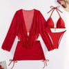 4pcs Sexy Bikini Set with Sheer Red Cover-Up, High-Waisted Drawstring Swimsuit, Chic One-Shoulder Design - Polyester Blend, Machine Washable, Ladies Swimsuit