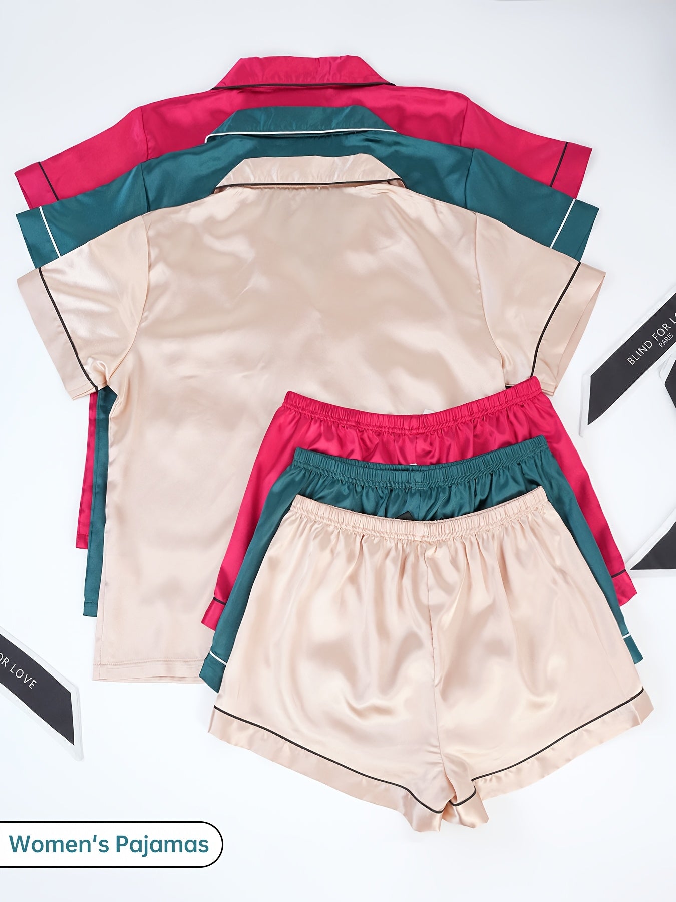 3-Piece Women's Satin Pajama Sets – Short Sleeve Lapel Top & Elastic Waist Shorts, Soft Loungewear Sleepwear Set