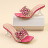 Women's Rhinestone Embellished Pyramid Heel Sandals - Stylish Pink Transparent Strap with Sparkling Floral Design, Perfect for Weddings & Formal Events