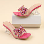 Women's Rhinestone Embellished Pyramid Heel Sandals - Stylish Pink Transparent Strap with Sparkling Floral Design, Perfect for Weddings & Formal Events