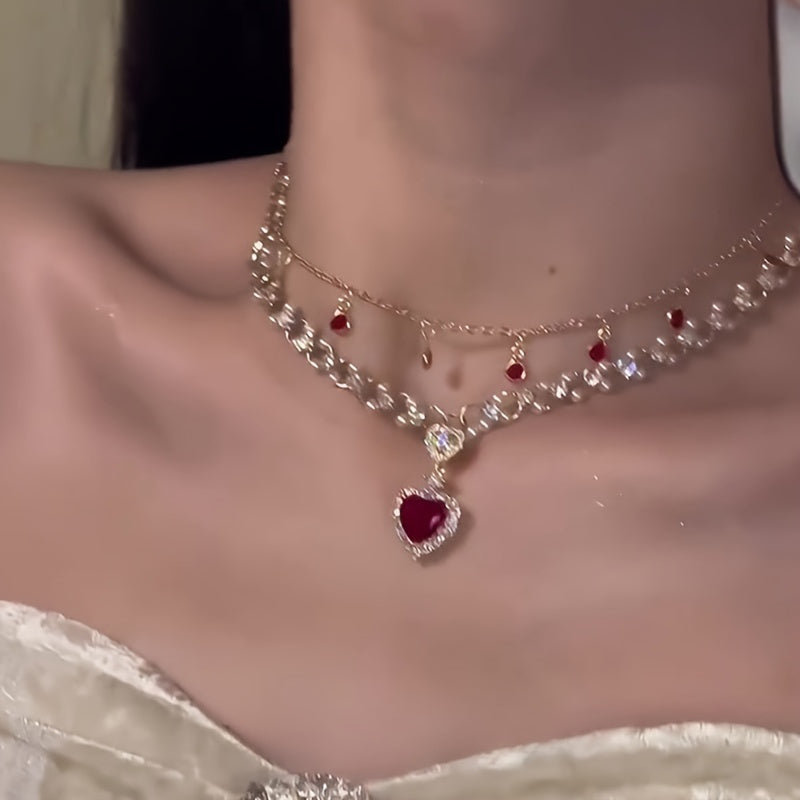 Elegant double red Zircon Love Pendant Necklace - Ladies Luxury alloy collar chain