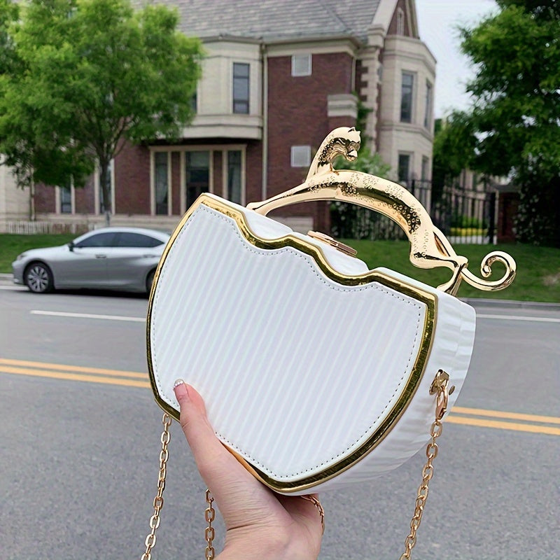 Stylish White Clip-On Bag with Golden Chain Strap - Elegant Kiss Lock Design, Detachable Shoulder Strap, Perfect for Everyday Use