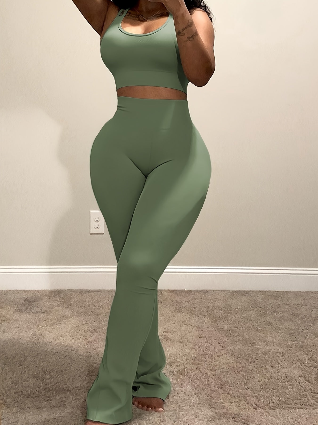 Women's Green 2-Piece Flare Yoga Pants & Sleeveless Crop Top Set – High-Waisted, Soft Stretch Activewear for Travel, Workouts & Casual Days