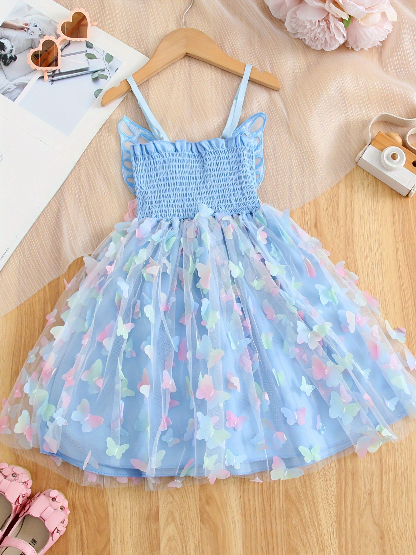 Enchanting Rainbow Butterfly Princess Dress for Girls - Elegant Sleeveless Mesh Tutu with Bow Detail, Perfect for Parties & Birthdays