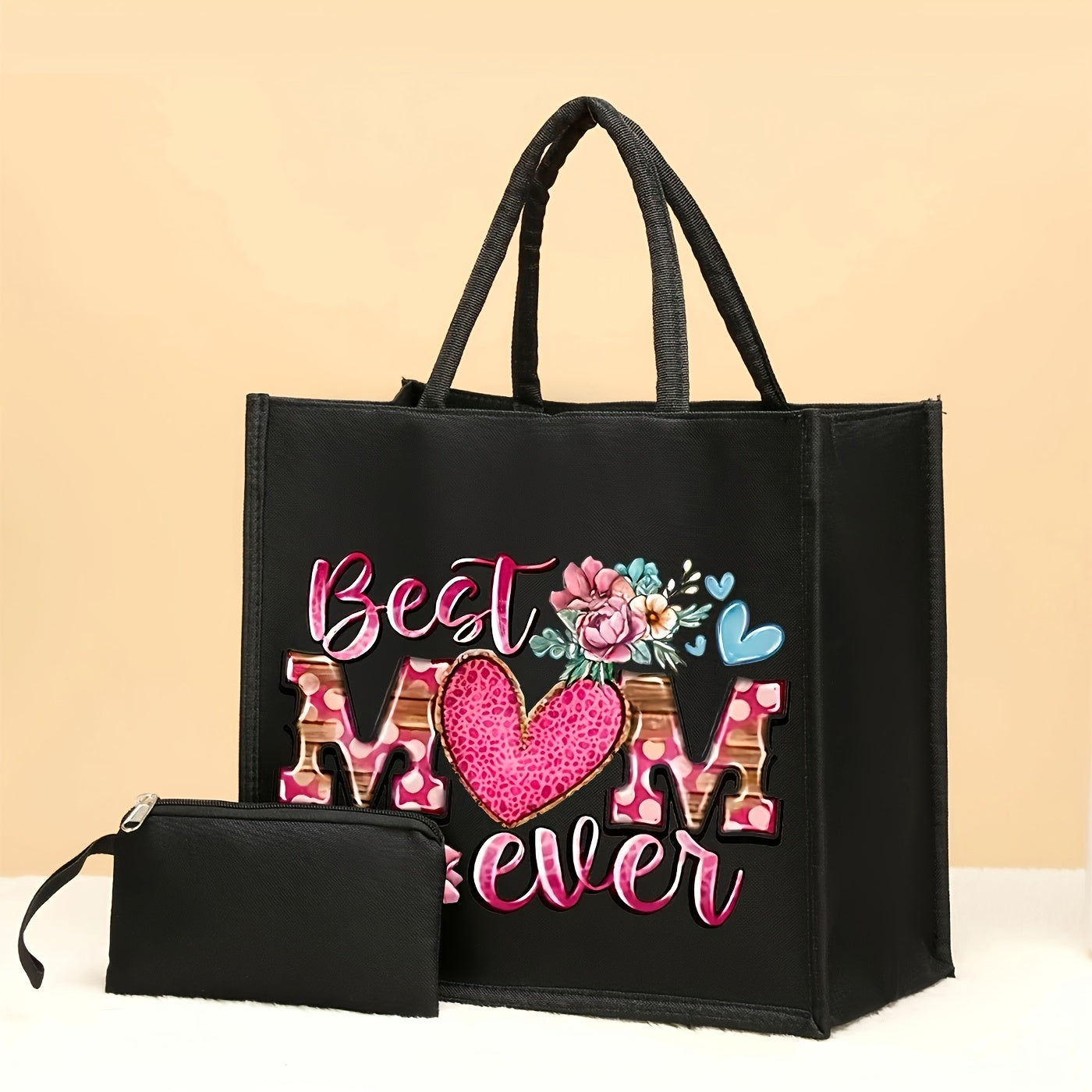 2pcs Elegant Polyester Tote Bags And Purse, "Best Mom Ever" Print Bag - Large Capacity, Fashionable Design - For Women - Perfect for Travel, Shopping & Everyday Use - Ideal Gift for Mother's Day