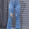 Women'S High-Stretch Flare Jeans with Heart Embroidery Patchwork - Trendy Distressed Denim Bell Bottoms, Comfortable & Versatile Light Blue Casual Pants