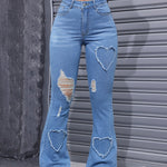 Women'S High-Stretch Flare Jeans with Heart Embroidery Patchwork - Trendy Distressed Denim Bell Bottoms, Comfortable & Versatile Light Blue Casual Pants