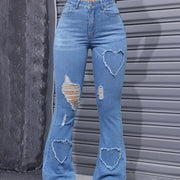 Women'S High-Stretch Flare Jeans with Heart Embroidery Patchwork - Trendy Distressed Denim Bell Bottoms, Comfortable & Versatile Light Blue Casual Pants