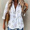 Heart Print Button Front Shirt, Casual Long Sleeve Dual Pockets Blouse For Spring & Fall, Women's Clothing