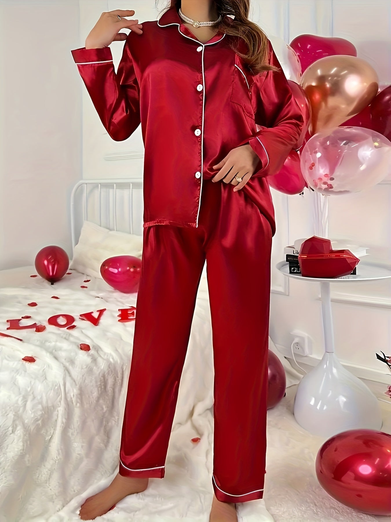 Simple Solid Satin Lounge Set, Long Sleeve Buttons Lapel Top & Elastic Pants, Women's Loungewear