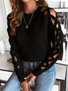 Chic Women's Black Pullover Sweater with Distressed Sleeves - Elegant Cut-Out Detail, Crew Neck, Long Sleeve, High Stretch Nylon/Polyester Blend, Perfect for Autumn Fashion