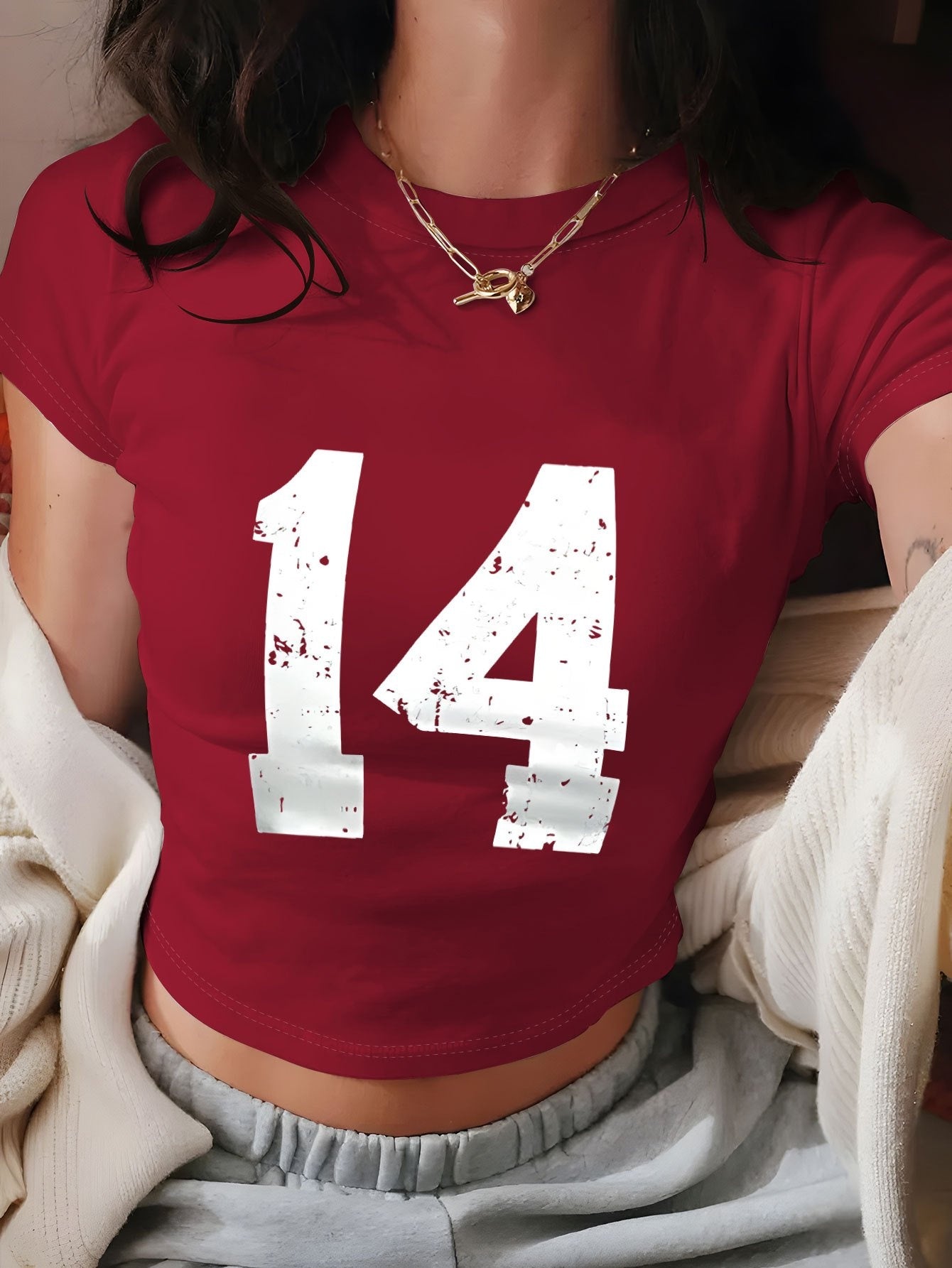 Women's Y2K Geometric Number 14 Print Crop T-Shirt - Soft Casual Top, Light Yellow with White Numerals, Spring Summer Versatile Tee, Distressed Style, Machine Washable Fabric, Comfortable Fit