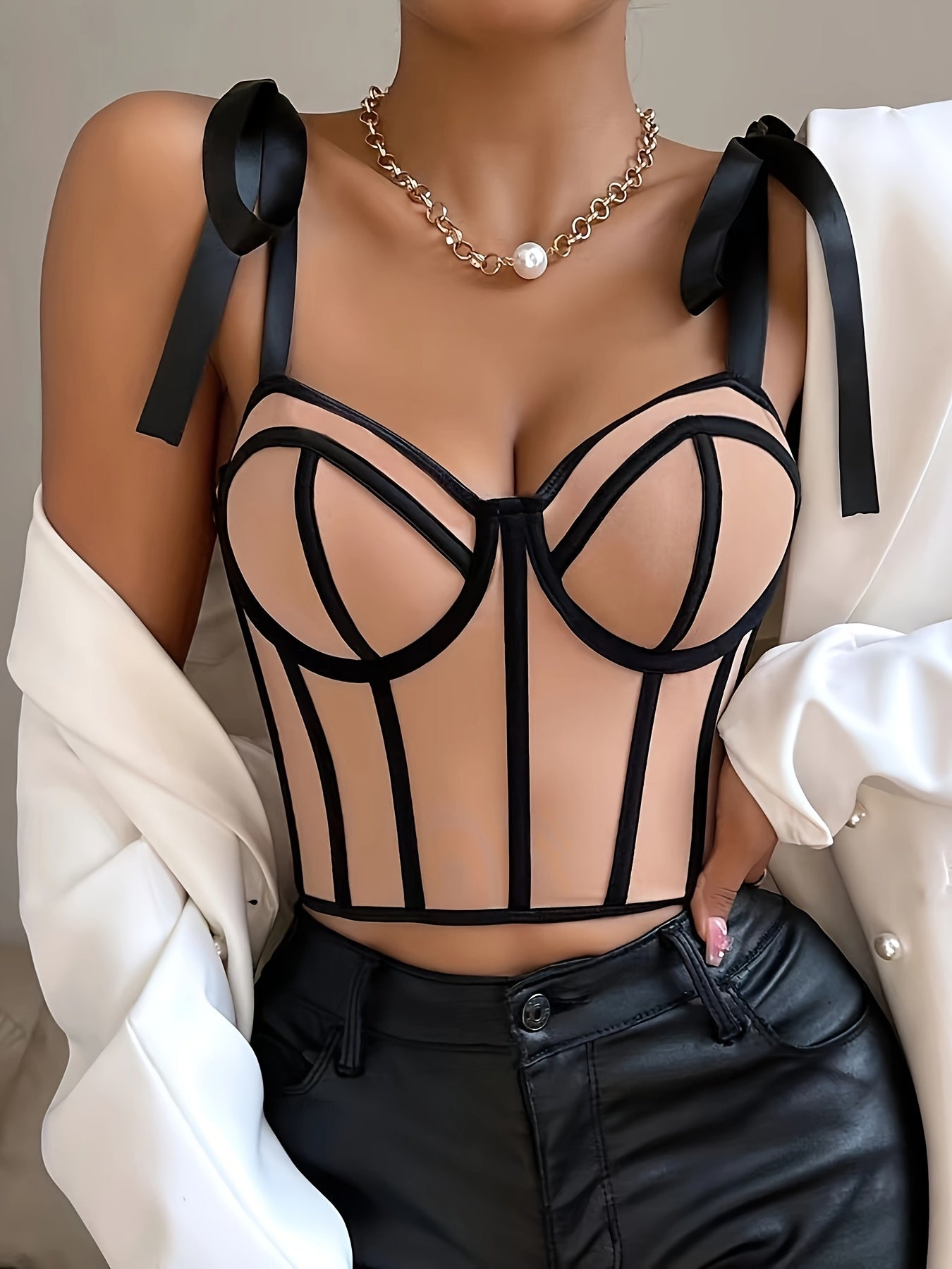Elegant Black and White Ribbon-Embellished Mesh Cami Top with Color Block Design and Boning Detail - Sexy Spring/Summer Collection for Women, Womens Fashion|Elegant Halter Top| Delicate Lacing