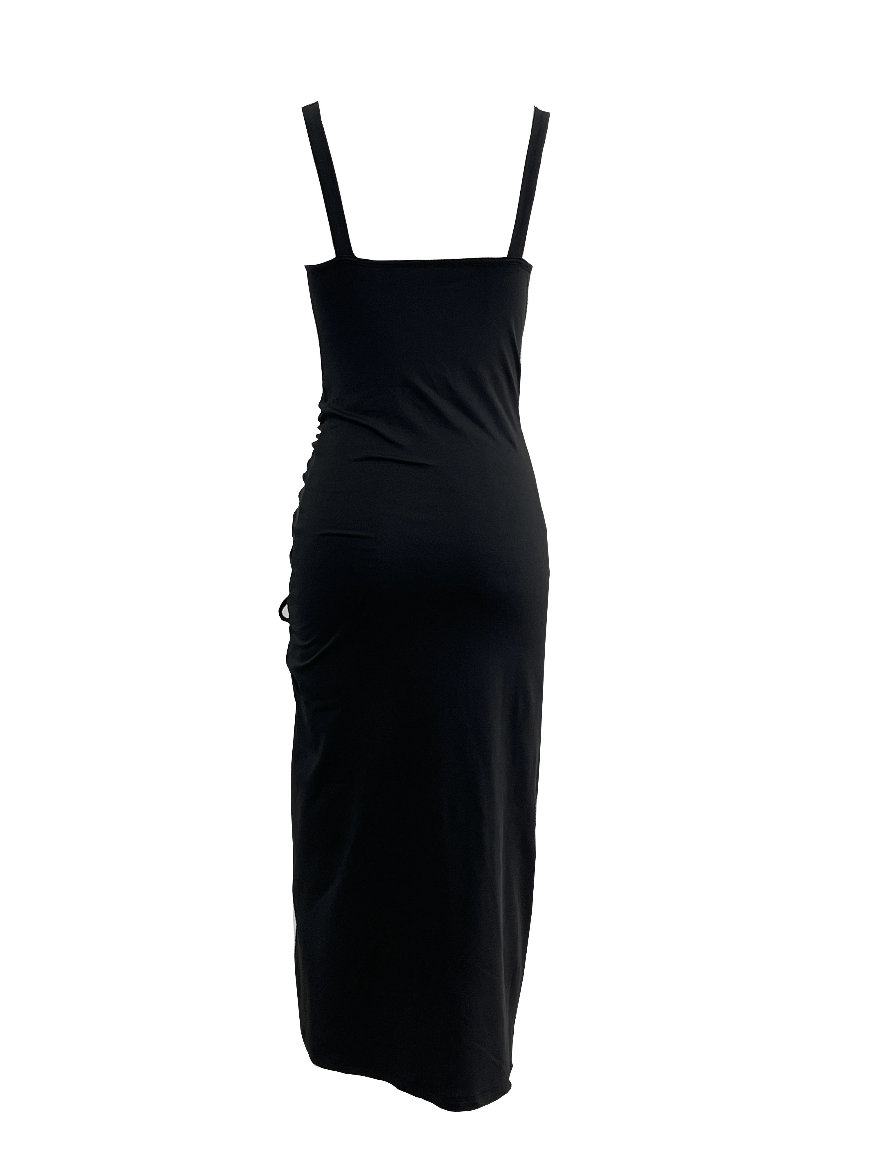 Solid Color Chain Strap Dress, Elegant Sleeveless Ruched Split Thigh Dress For Spring & Summer, Women's Clothing
