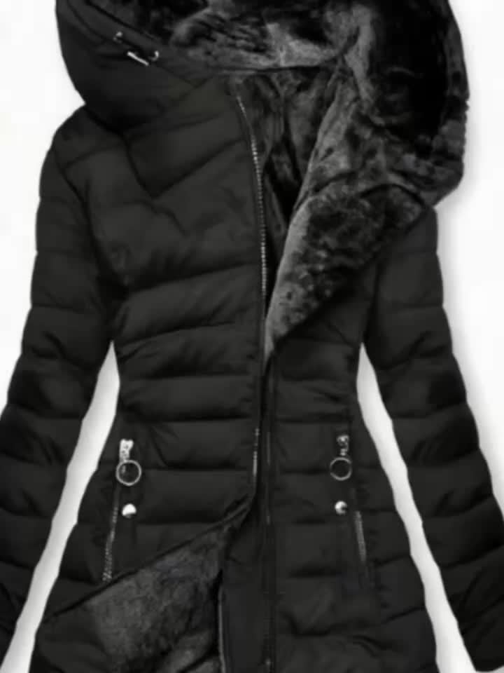 Women's Winter Fleece-Lined Hooded Coat - Mid-Length Loose Fit Parka with Fur-Lined Hood, Front Zipper & Pockets, Black Casual Outerwear, Big Fluffy Hooded Winter Coats, Furlined Warmth