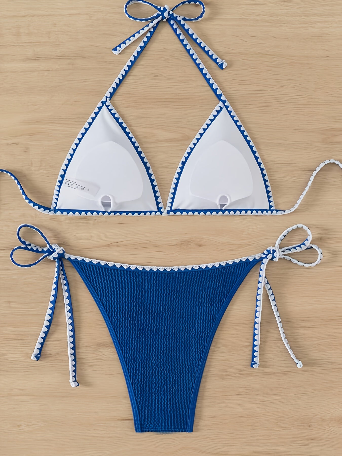Contrast Trim Triangle Halter Tie Strap Backless 2 Piece Set Bikini Swimsuits, Women's Swimwear & Clothing
