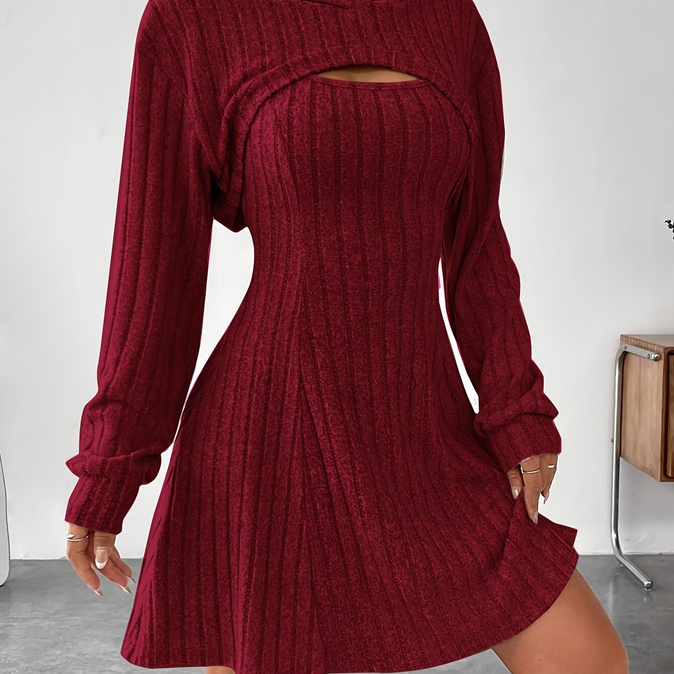 Long Sleeve Solid Color Ribbed Hoodie Shrug Top & Sleeveless Square Neck A-line Tank Dress Set, Women's Clothing Outfits