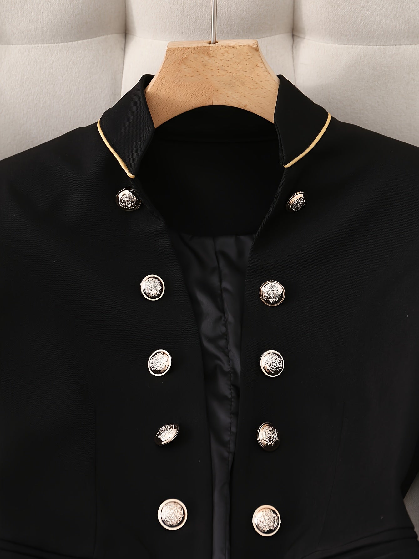 Elegant Black Double-Breasted Blazer with Golden Buttons - Stylish Ruffled White Collar, Long Sleeves, Polyester Fabric, Perfect for Spring/Fall, Formal Attire|Classic Blazer|Polyester Blazer