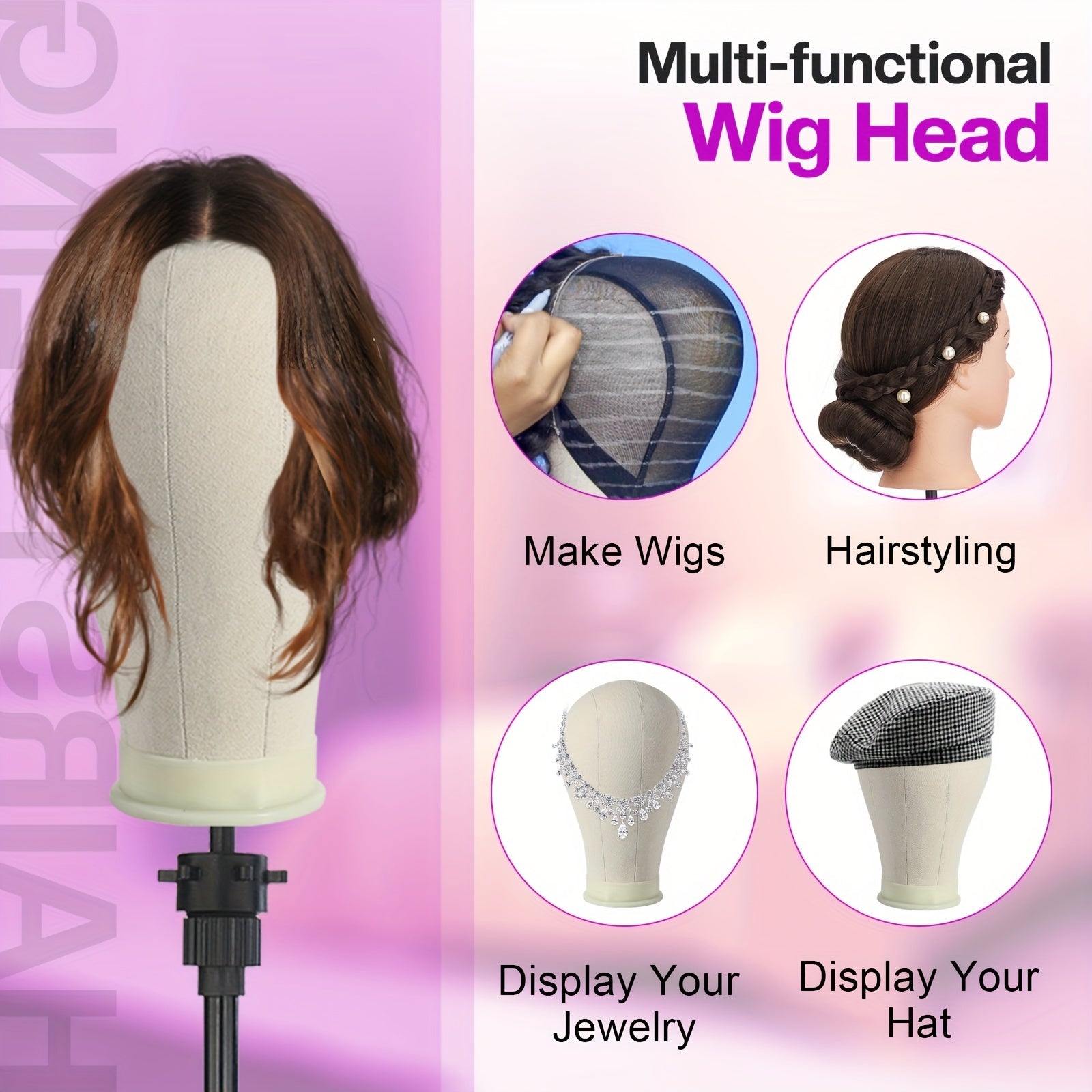 22Inch Canvas Wig Head With Stand, Wig Mannequin Head With Stand, Table Wig Stand Tripod With Head For Wigs Making Display