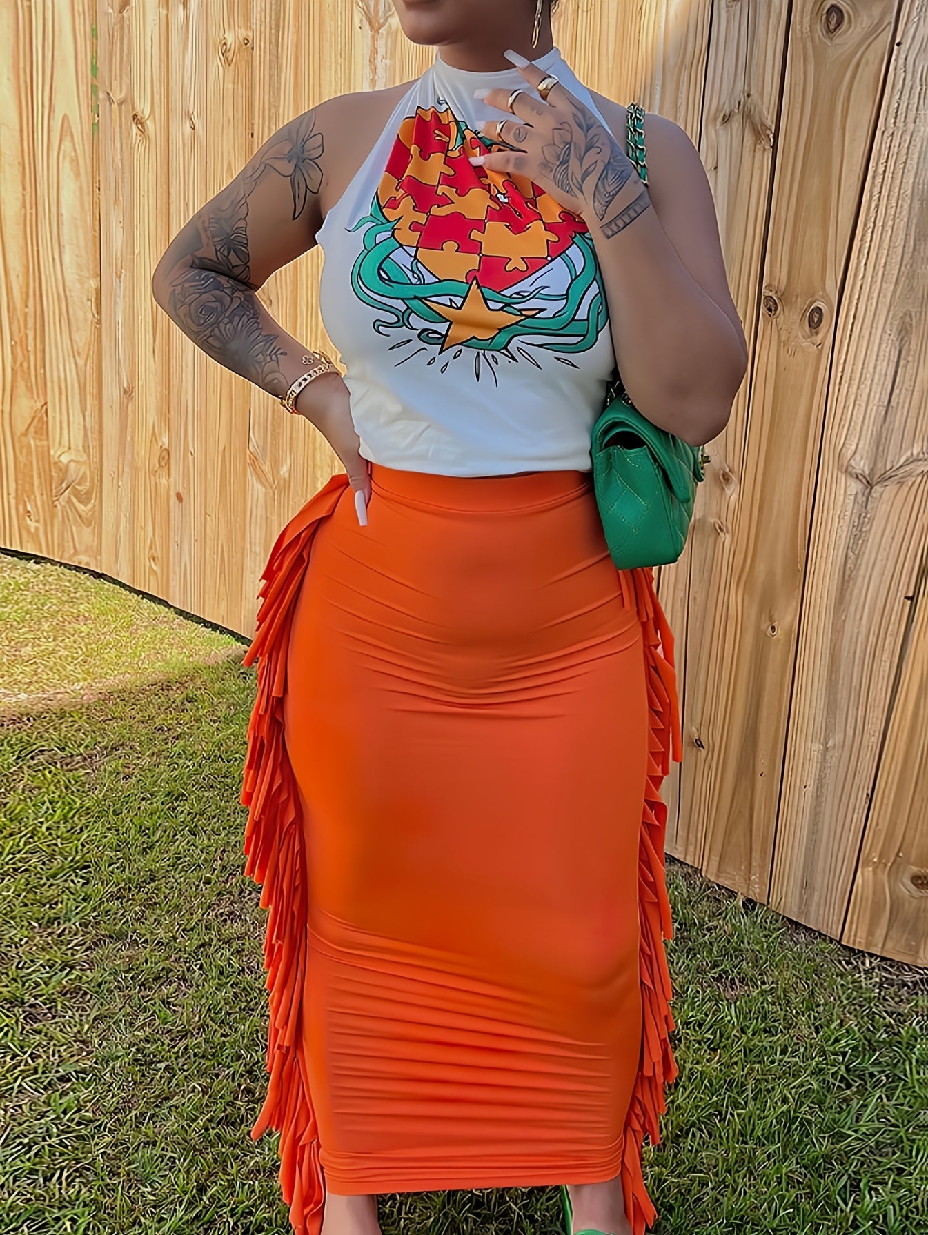 Y2K-Inspired Geometric Print Halter Top & Tassel Skirt Set - Stretchy Polyester Blend, Machine Washable - Women's Fashion for Spring/Summer