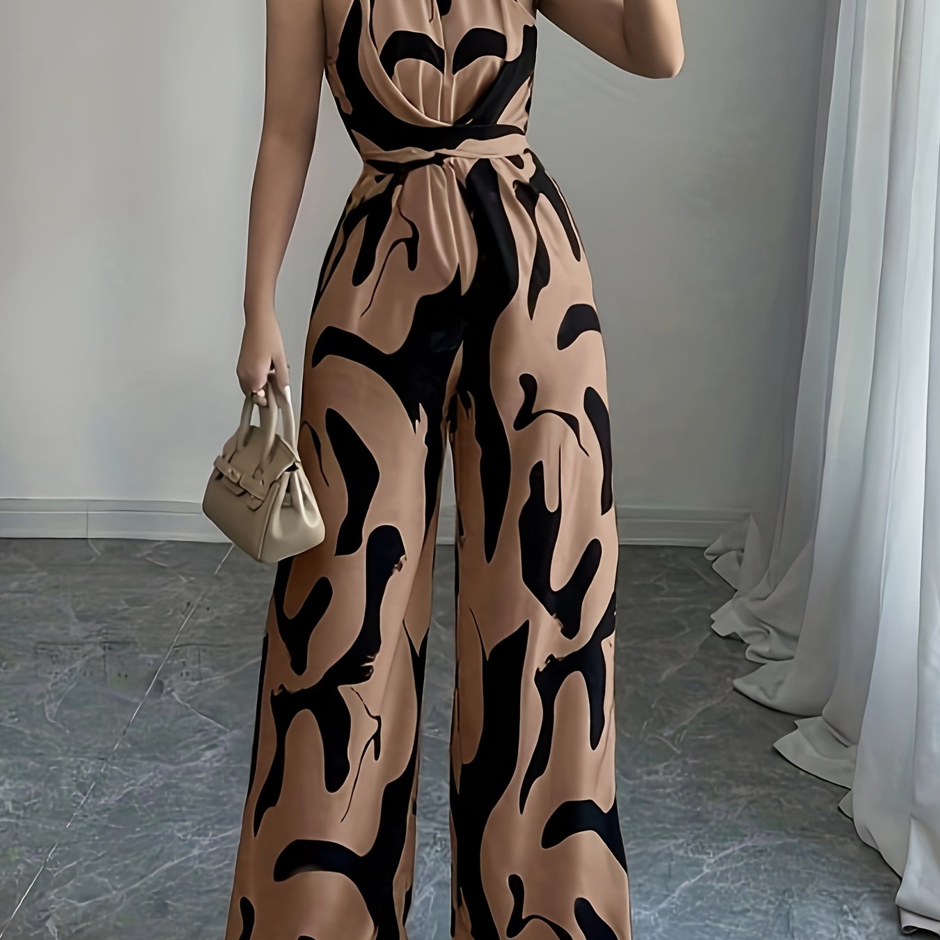 Women's Elegant Off-Shoulder Print Jumpsuit with Wide Legs and Tie Waist - Black & White Abstract Pattern, Polyester Fabric, Perfect for Vacation and Everyday Chic