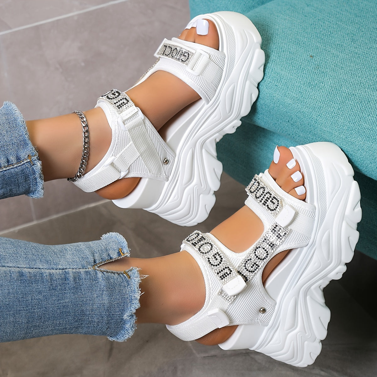 Elegant Summer 2024 Women's Black Rhinestone-Embellished High Heel Sandals - Breathable Mesh, Lightweight, Waterproof Platform with Hook-and-loop Fastener Straps, Open Toe Design for Stylish Daily Wear, Chunky Heel Sandals