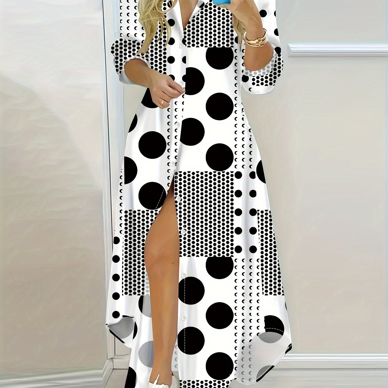 Vintage-Inspired Polka Dot Long Sleeve Shirt Dress - Button Detail, Non-Stretch Polyester, Machine Washable - Perfect for Spring/Fall