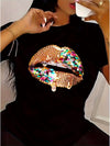Lips Print Fashionable Casual Short Sleeved Summer Outfit Combined Version Round Neck Women'S T-Shirt
