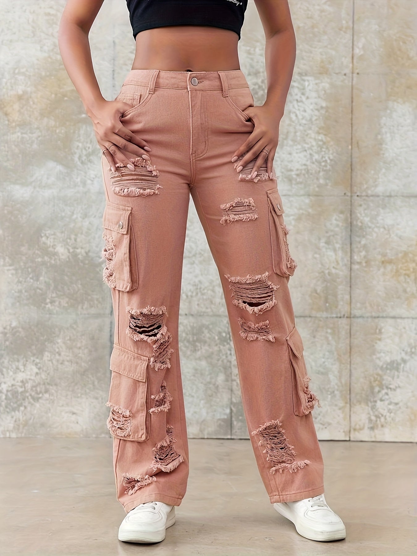 Women'S High Waist Wide Leg Loose Jeans - Pink Button Hole Jeans With Pockets, Casual Loose, Comfortable Four Seasons, Very Suitable For Leisure Outdoor, Fashion Wear, Everything