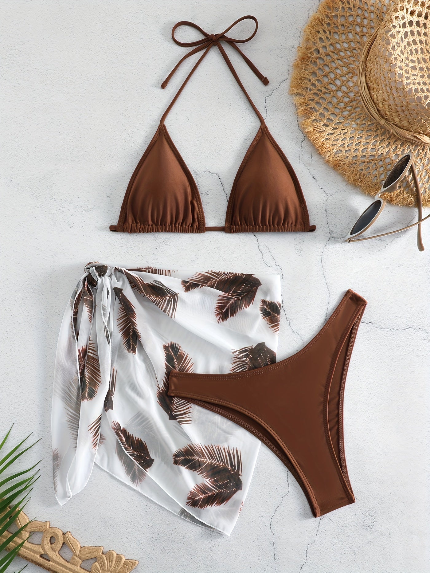 3-Piece Feather Print Bikini Sets, Halter Neck Tie Back Backless High Cut With Cover Up Wrap Swimsuit, Women's Swimwear & Clothing