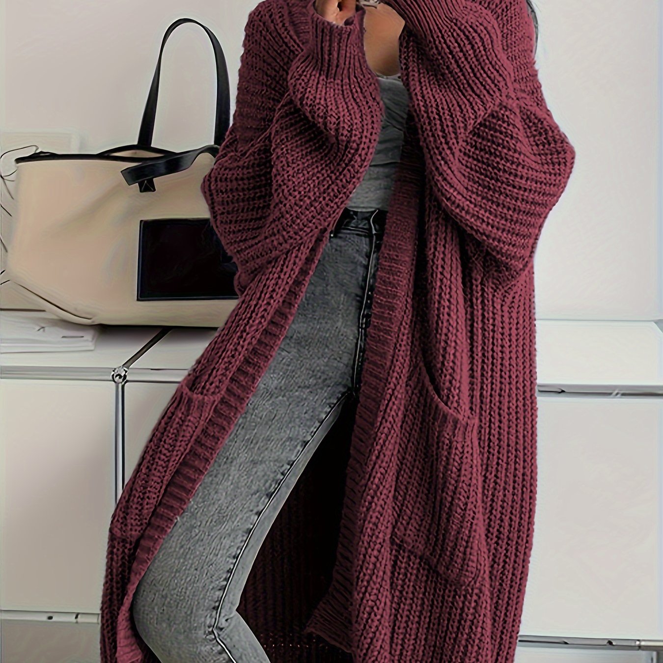 Cardigan sweater - Patched Pockets Open Front Cardigan - Solid, Long Sleeve, Knitted - Fall & Winter - Women - Cozy & Stylish - Cozy Comfort, Effortless Style