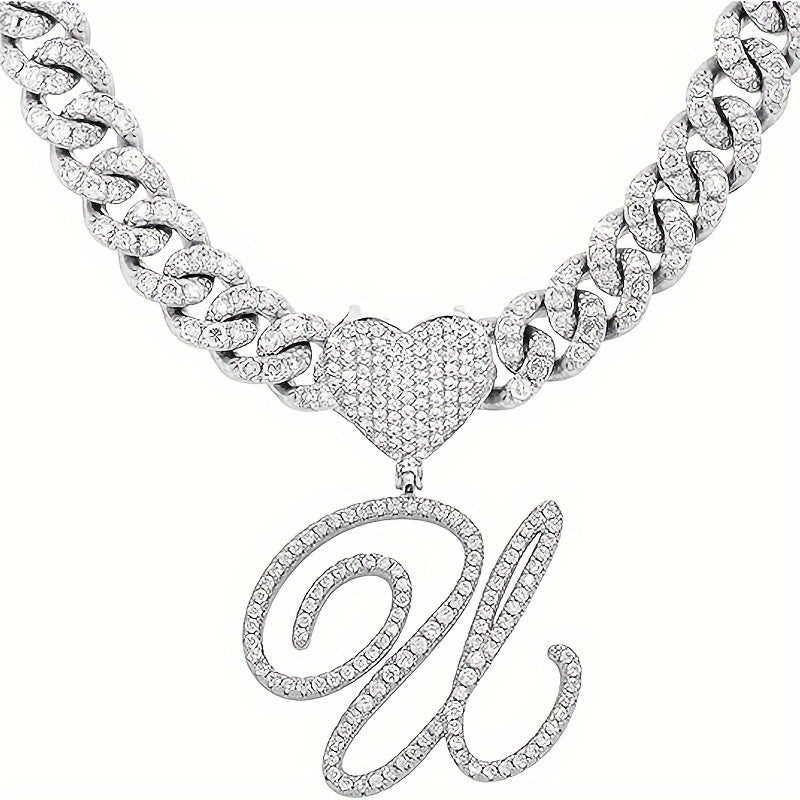 Silvery Cuban Link Necklace - Heart-shaped Alphabet Pendant on Ice Chain - Unisex Hip-hop Jewelry Gift
