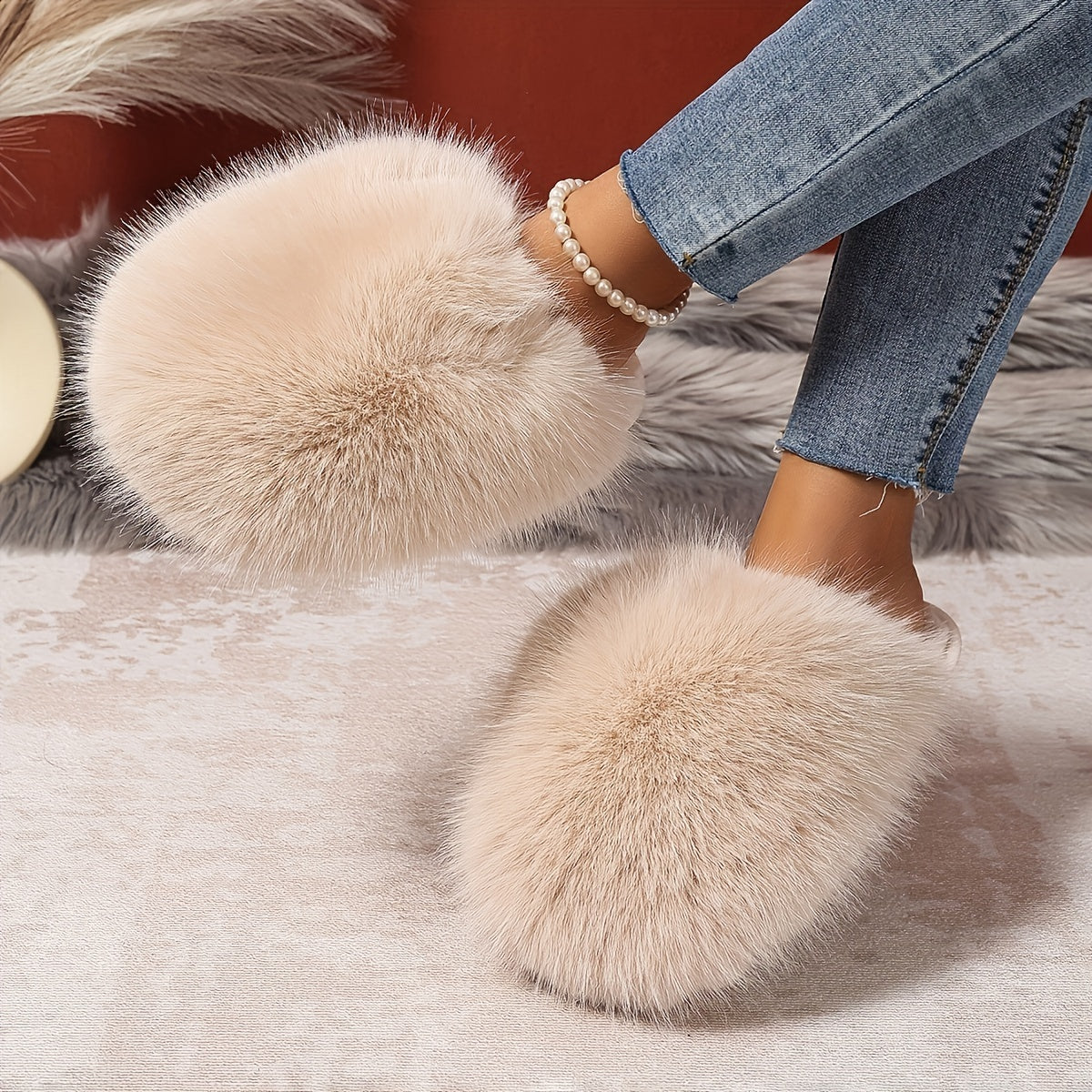 Women's Faux Fur Elegant Slippers – Korean Style, Warm All-Season House Shoes with Non-Slip Rubber Sole