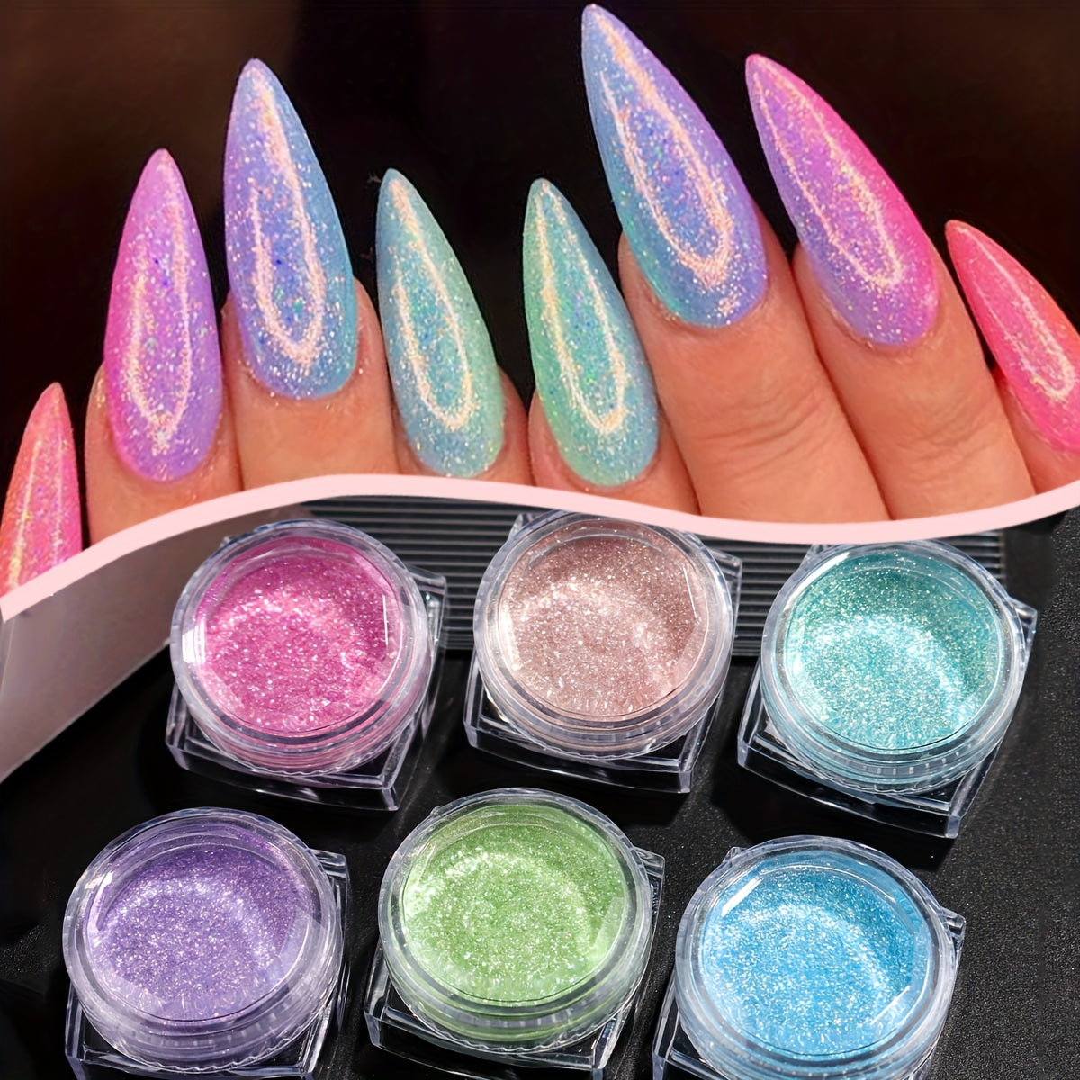 6pcs Star Glitter Powder Set Holographic Summer Pink Purple Blue Green Sugar Dipping Pigment Mermaid Iridescent Nail Sequins Dust Decoration Nails Supplies