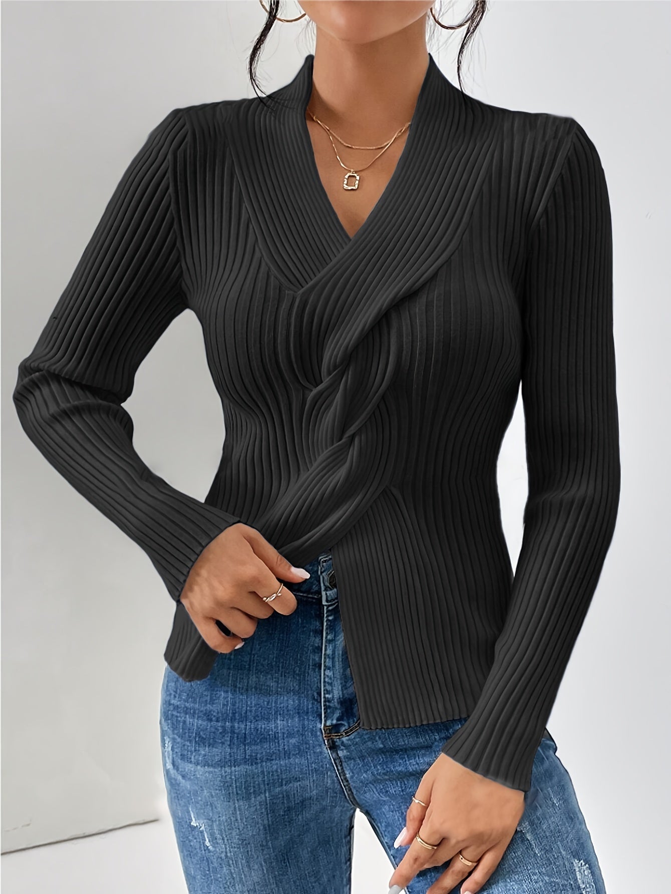 Twist Front V Neck Slim Sweater, Elegant Long Sleeve Sweater For Fall & Winter, Women's Clothing