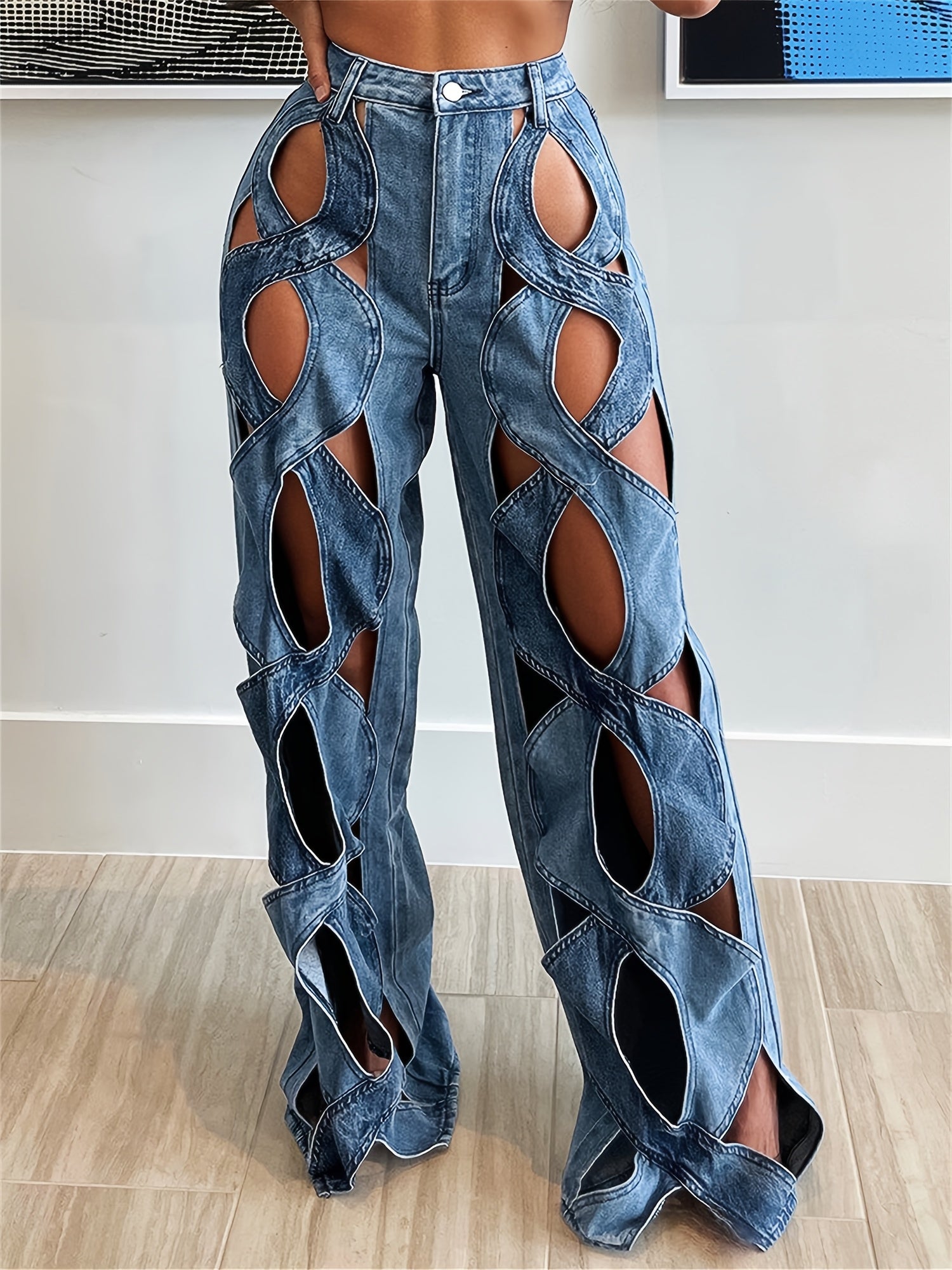 Women's High-Waisted Distressed Denim Jeans with Artistic Cutouts - Sexy Hollow-Out Design, Medium Stretch, Curvy Fit Ripped Pants for Clubwear, Street Style & Night Out