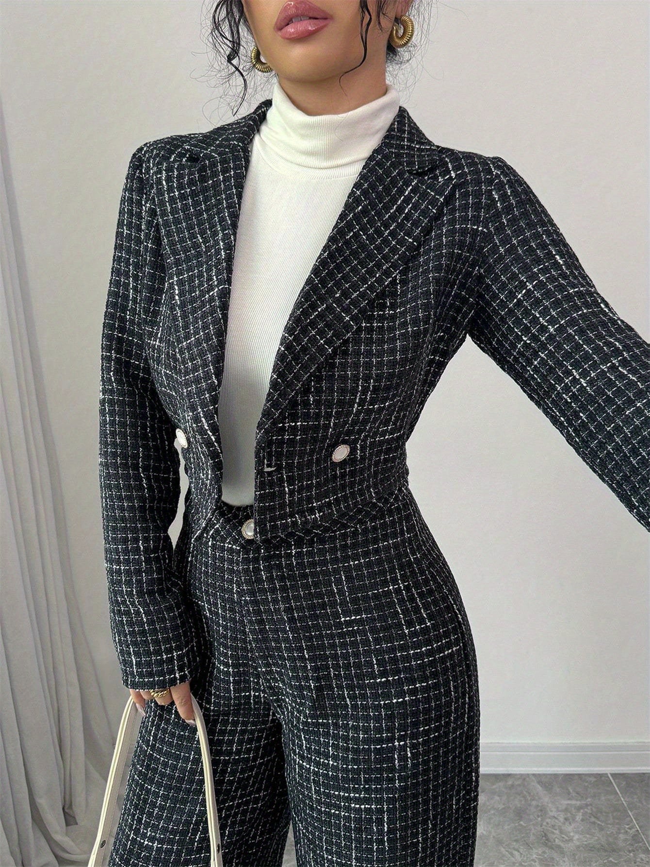 2pcss Women Elegant Set - Plaid Printed Double-Breasted Long Sleeve Blazer Jacket & Loose Fit Trousers 2pcs Set