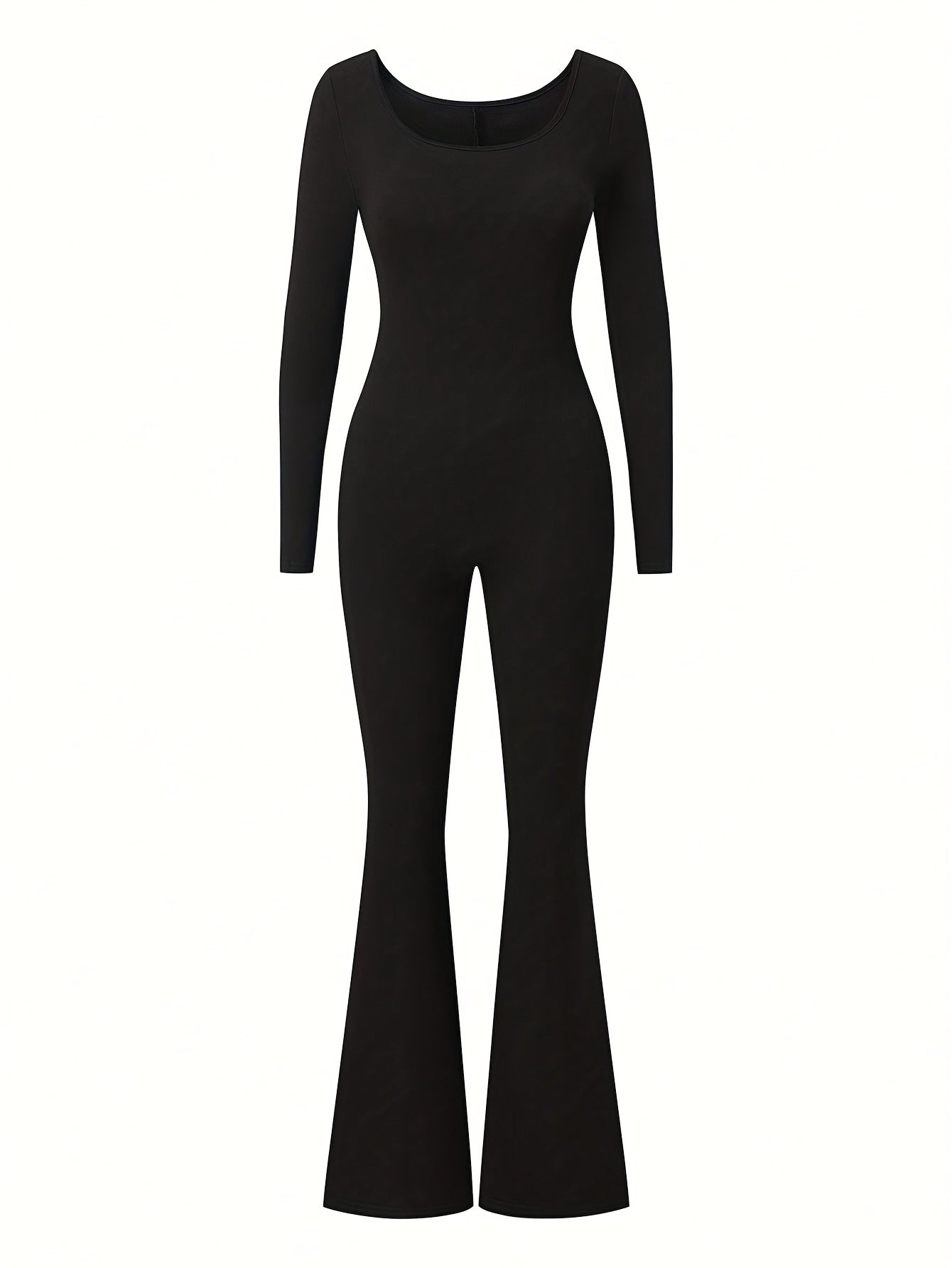 Women's Sexy Slim-Fit Black Jumpsuit - Long Sleeve Round Neck All-Season Machine Washable Casual & Formal Wear for Office, Parties, Everyday Outfits, Snowy Environment Clothing | Flared Pants | Formfitting Design