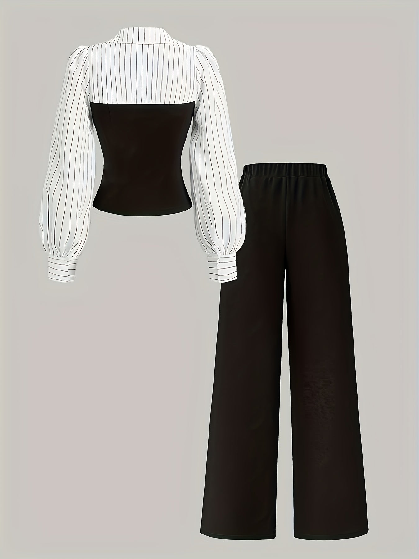 Women's Casual Elegant Two-Piece Set with Color Block Stitched Shirt and Wide-Leg Pants Suitable for All Seasons, Machine Washable, Striped V-Neck Long Pants Outfit, Accessories Not Included