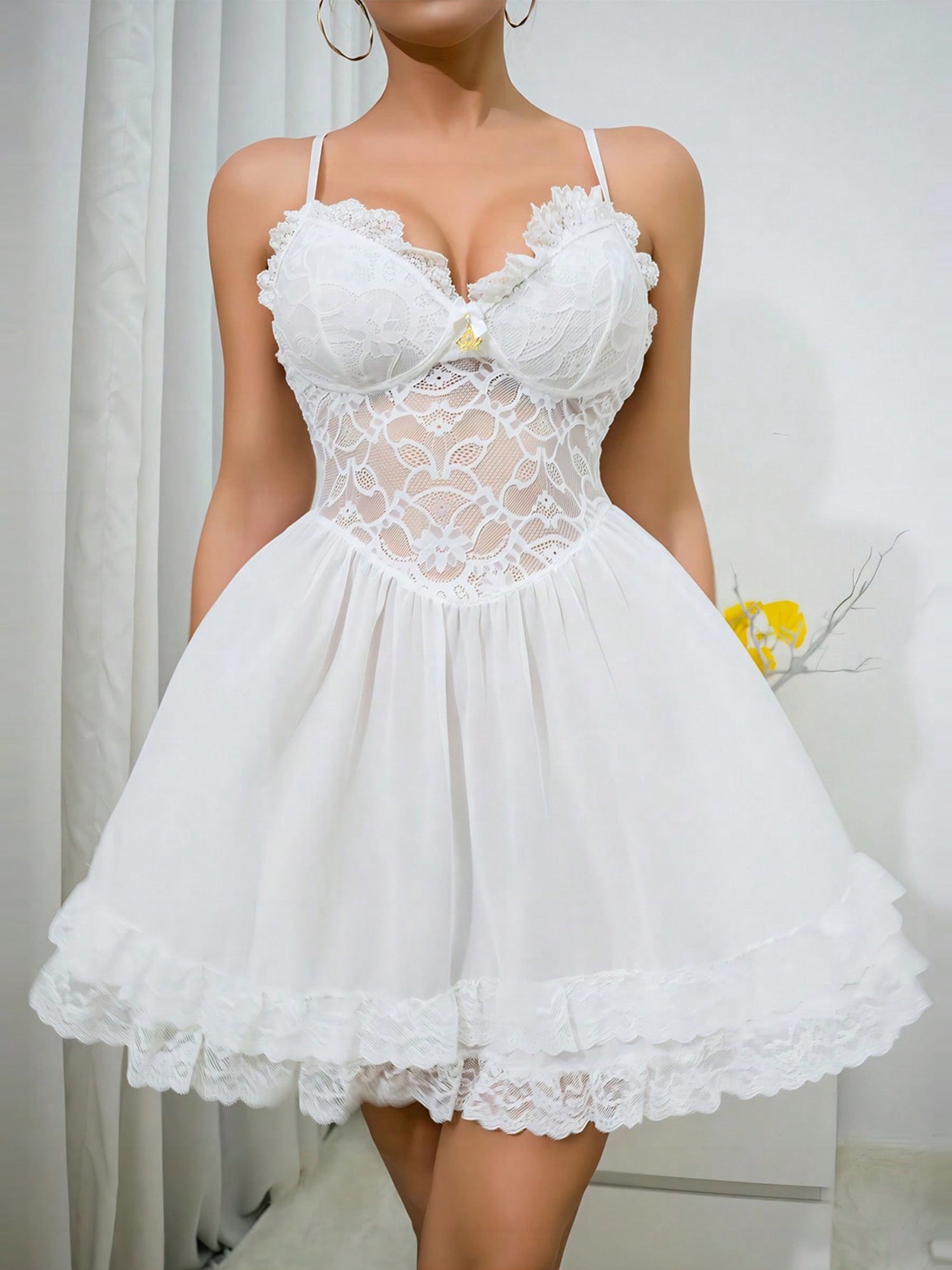 Women Spaghetti Strap Lace Nightgown Sweetheart Neck Sheer Mesh Sleeveless Flowy Lingerie Sleepwear Dress