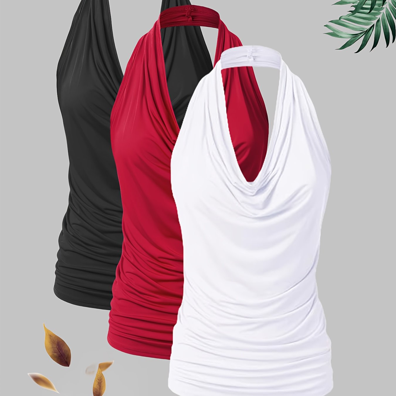 [Lightweight Polyester Halter Neck] 3-Pack Women's Fashion Halter Neck Tanks - Lightweight 210g/m² Polyester Vests - Casual Solid Color Knit 95% Polyester 5% Elastane, Spring/Summer/Fall Collection