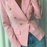Women's Elegant Pink Double-Breasted Blazer - Polyester, Long Sleeve, Lapel Collar with Golden Buttons, Stylish Work Office Jacket