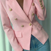 Women's Elegant Pink Double-Breasted Blazer - Polyester, Long Sleeve, Lapel Collar with Golden Buttons, Stylish Work Office Jacket
