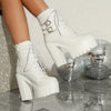 Elegant White Platform Ankle Boots for Women - Comfortable Lace-Up with Side Zipper, Non-Slip Thick Sole, High Chunky Heel - Perfect for Parties & Events, Fashionable British Style Short Boots, High Heel Boots