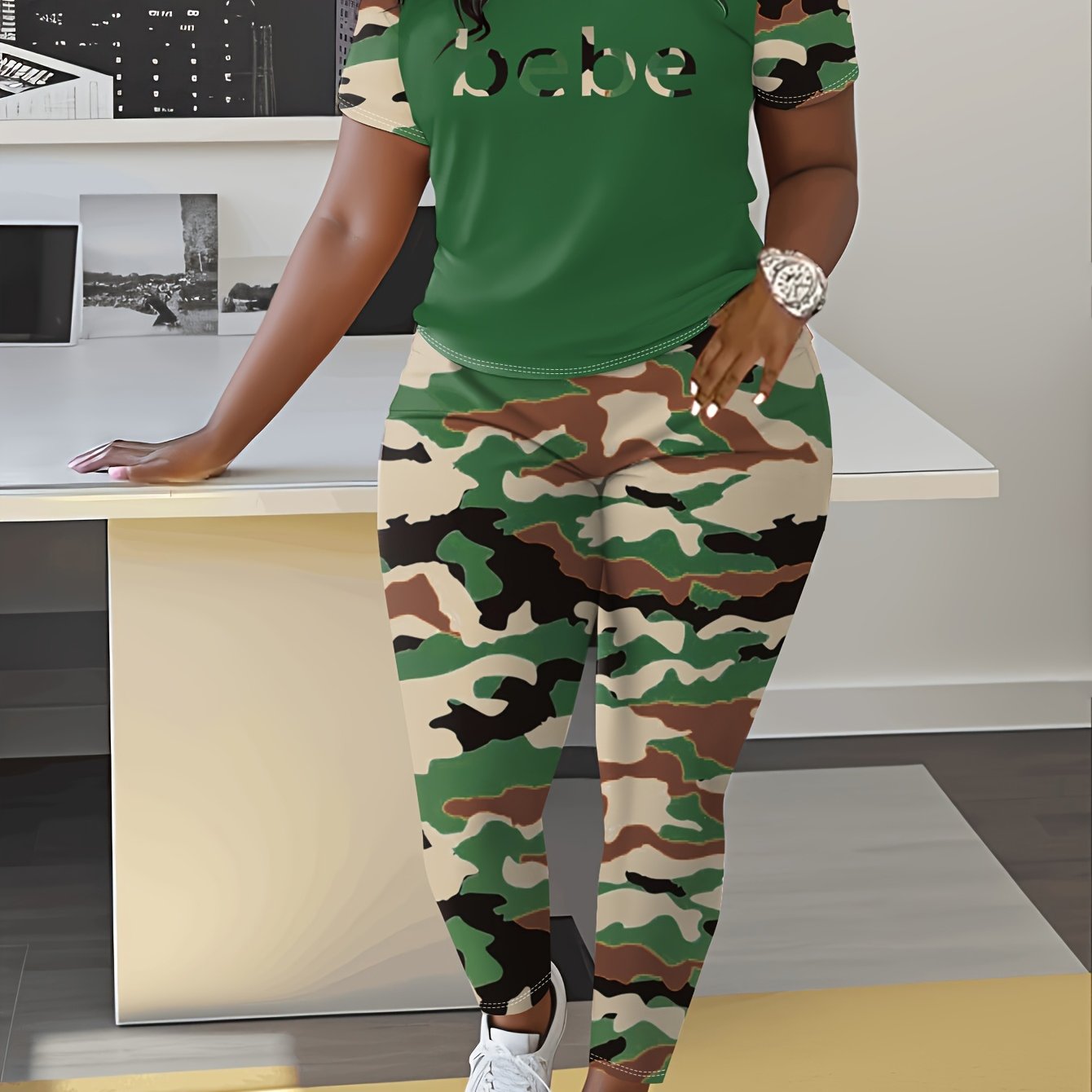 Adorable 'BEBE' Letter Print & Camo Patchwork Spring/Summer Set - Comfy Polyester Blend T-Shirt & Joggers, Machine Washable, for Women