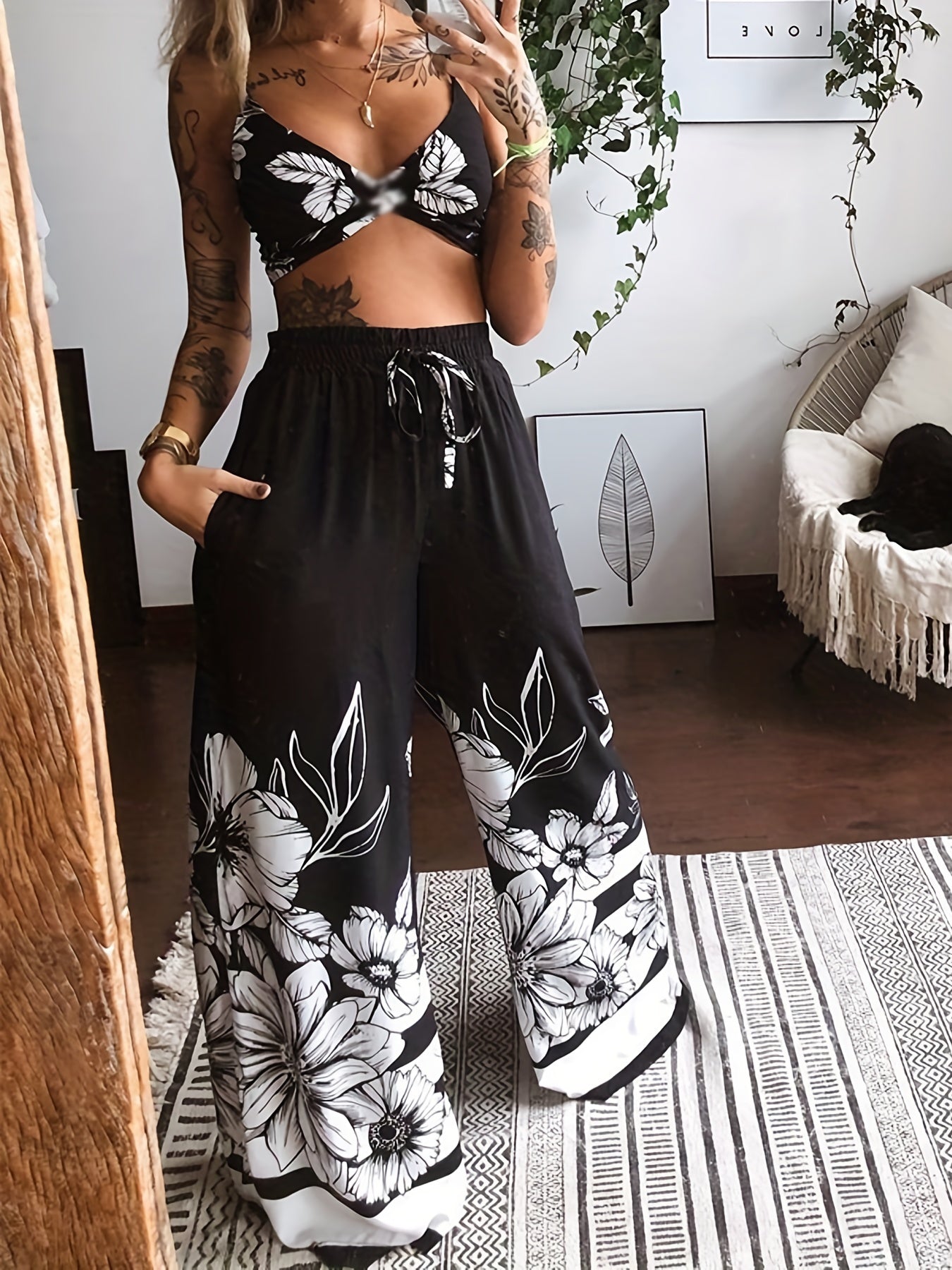 Sexy Butterfly Print Two-piece Set, Backless Crop Halter Top & Wide Leg Pants Outfits, Women's Clothing