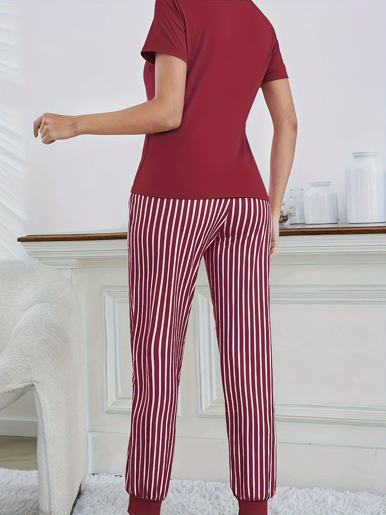 Women's Plus Casual Lounge Set - Plus Size Eyelash & Letter Print Short Sleeve Top & Striped Joggers Pajama 2 Piece Set - Soft & Comfortable Fabric - For Women Seeking Cozy & Stylish Loungewear - Perfect Gift for Relaxation
