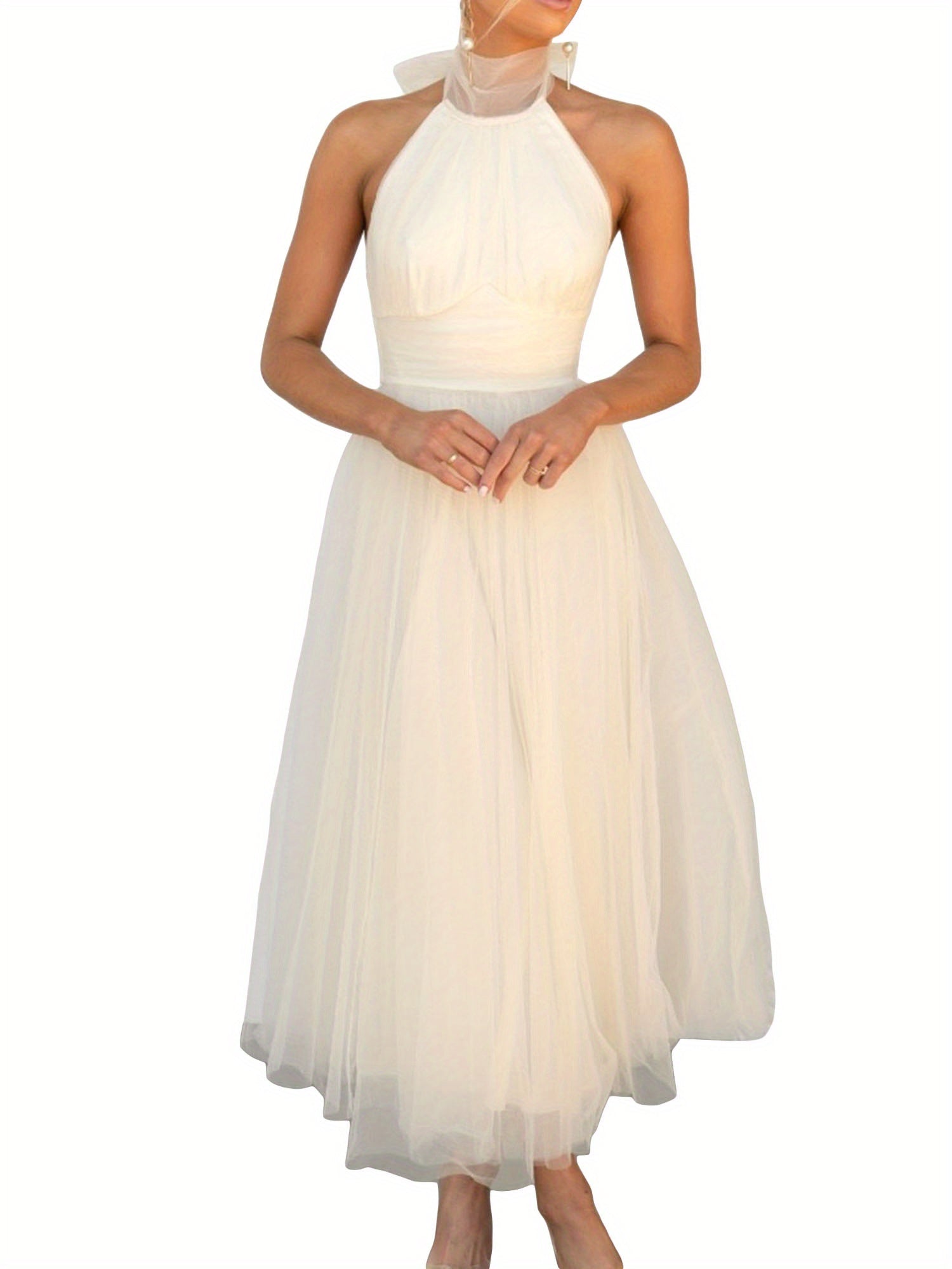 Womens Backless Long Dress Adjustable Tie Halter Neck Tulle High Waist Solid Party Wedding Dress